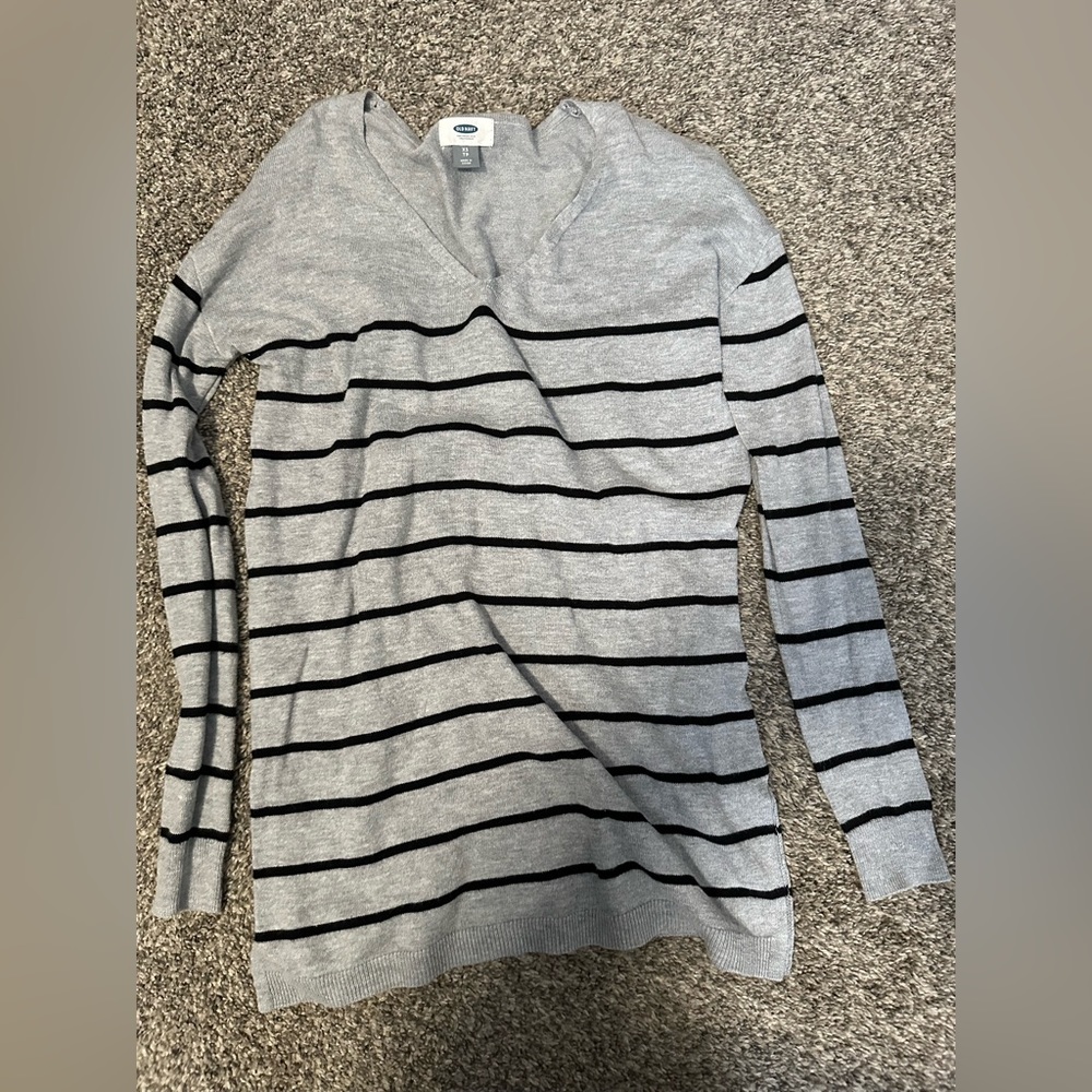 Grey with Black Stripes V-neck Sweater